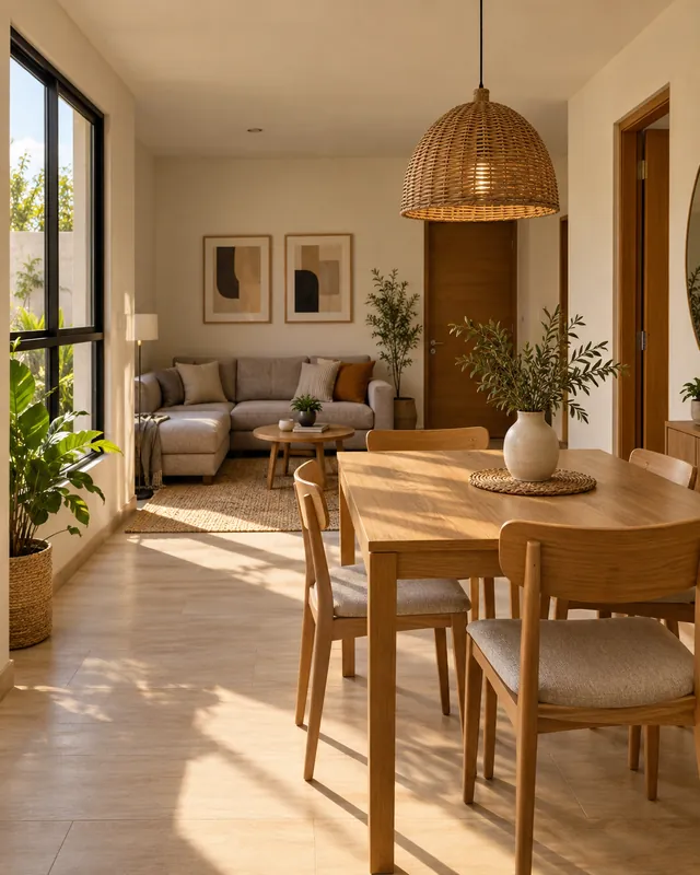 Visualización de una sala y comedor de tonos cálidos